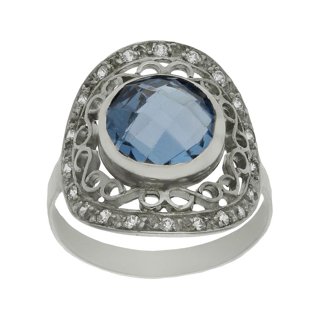 SORTIJA ORO BLANCO 18KL - PIEDRA AZUL + CIRCONITAS